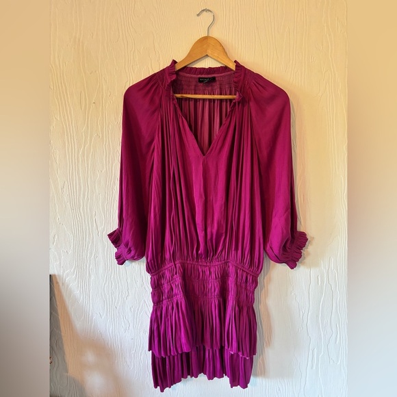 Anthropologie Current Air Los Angeles Magenta Fuchsia Pink Ruffle Pleated Dress - Picture 13 of 13